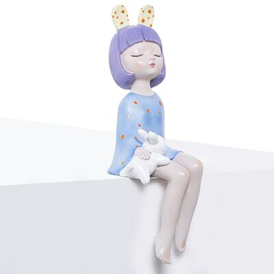 RESIN FIGURE SITTING GIRL BLUE WITH EARS AND BUNNY _12X12X32CM ST50440