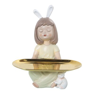 RESIN FIGURE SITTING GIRL WITH EARS AND METAL TRAY _12X12X21CM ST50439