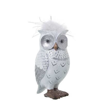 RESIN FIGURE WHITE/SILVER OWL W/ARTIFICIAL FEATHER 7X7X13CM ST50284