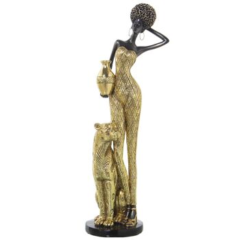 FIGURINE AFRICAINE EN RÉSINE AVEC PANTHÈRE DORÉE 14X12X40CM ST49842 1