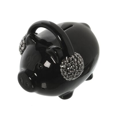 FIGURA HUCHA CERDO C/AURICULARES CERÁMICA NEGRA _16X11,5X13,5CM ST58873