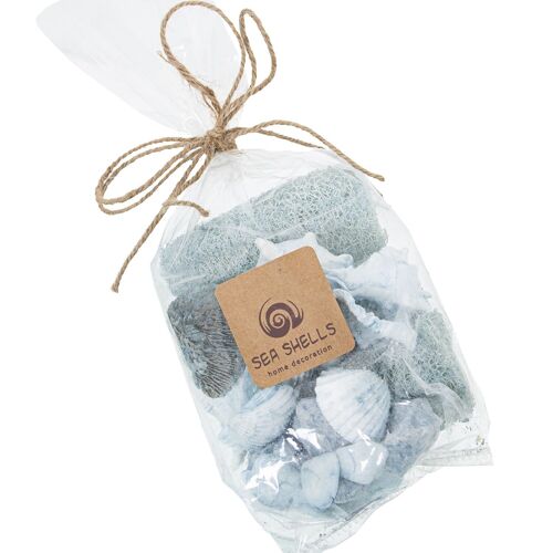 BOLSA CONCHAS AZULES SURTIDASC/ESPONJAS Y PIEDRAS DECORATIV _BOLSA:9X6X14/23CM PESO:165GRS ST26643