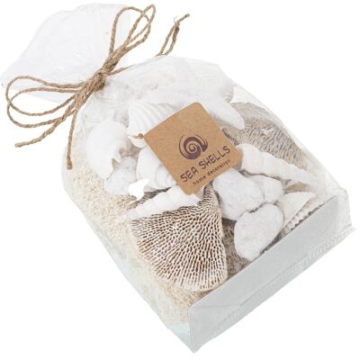 BAG OF ASSORTED WHITE SHELLS/SPONGES, STAR SEA, PIED _BAG:12X8X12/23CM WEIGHT:380GR ST26640