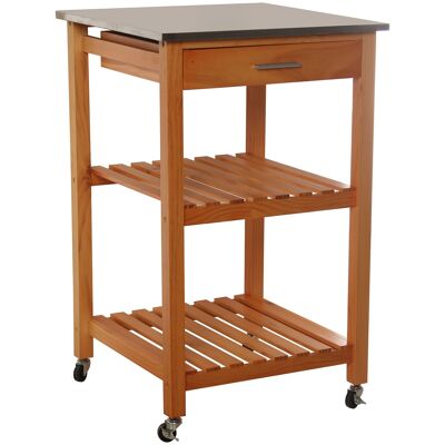 KITCHEN TROLLEY WITH DRAWER AND 2 WOODEN SHELVES STAINLESS STEEL LID. _54X54X86CM-WOOD:PINE ST80797