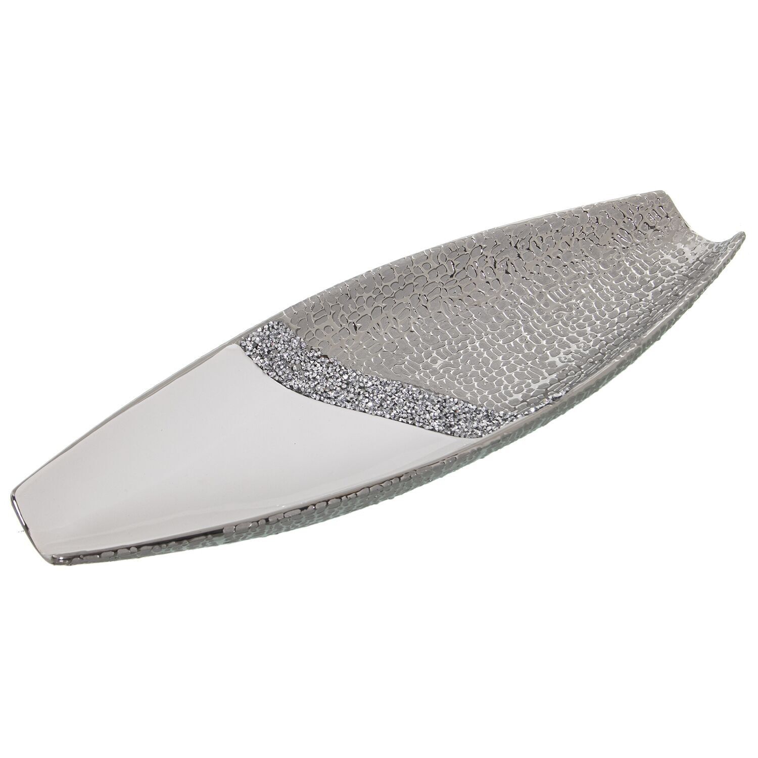 Weißes Keramik-Mittelstück, silberfarben mit Glitzer, 45 x 16 x 6 cm, Artikelnummer: st52645