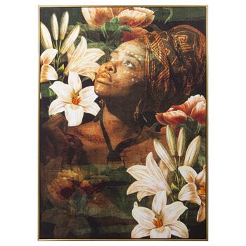 TABLEAU IMPRIMÉ SUR TOILE FEMME AVEC FLEURS/CADRE DORÉ 100X4X140CM ST36164 1