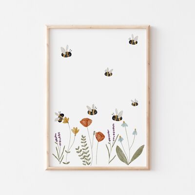 Poster Wiesenblumen und Hummeln A4