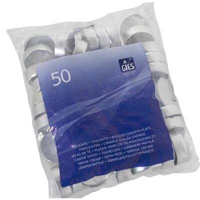 SACHET DE 50 BOUGIES CHAUFFE-PLATS, DURÉE : 4H.ENVIRON. BOUGIE:°3.5X1CM, SAC:19X4X22 ST29488