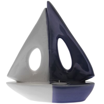 FIGURA BARCO PORTAVELA CERÁMICA BLANCO/AZUL 22X8,5X23CM ST58834