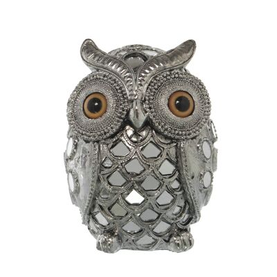 SILVER RESIN OWL FIGURE 11.5X11X15.5CM ST49257