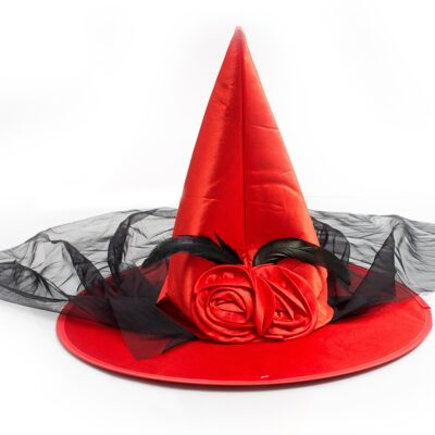 Cappello da strega rosso con velo e decorazione floreale