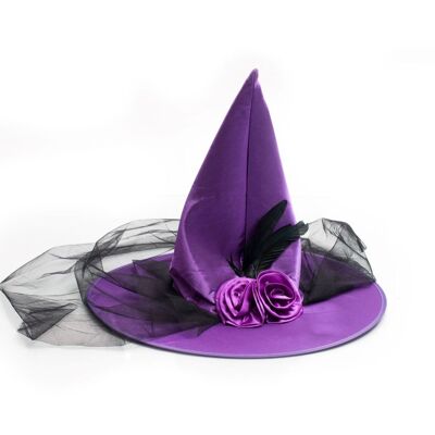 Cappello da strega viola con velo e decorazione floreale