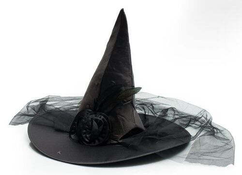 Witch Hat Black with Veil & flower decoration