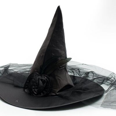 Cappello da strega nero con velo e decorazione floreale