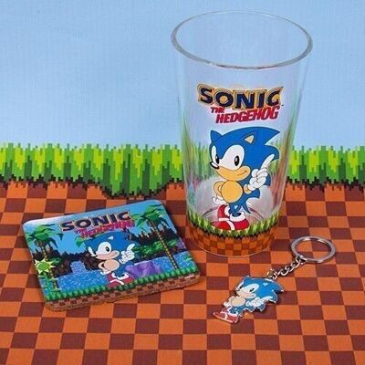 Ensemble verre, sous-verre et porte-clés Sonic
