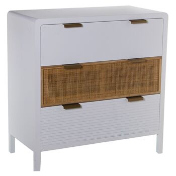 COMMODE EN BOIS 3 TIROIRS BLANC/ROTIN 80X40X82CM, SAPIN+DM+RAT┴N ST49895 1