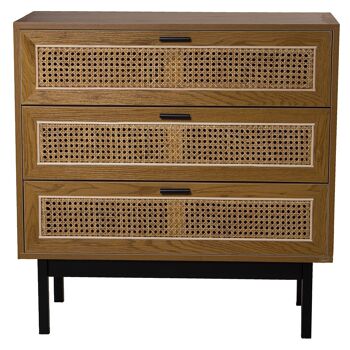 COMMODE DE COMMERCE BOIS/OSIER AVEC 3 TIROIRS+PIEDS MÉTAL 80X35X80CM, DM+MÉLAMINE FRESN ST68322 3