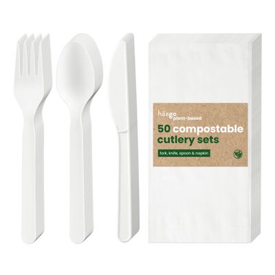 50 Cutlery Sets - (Knife, Fork, Spoon, Napkin) Biodegradable