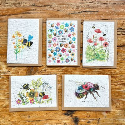 Greeting card to plant bee sown with honey seeds in a set of 3 x 5