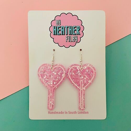 Pink Heart Lollypop Glitter Earrings