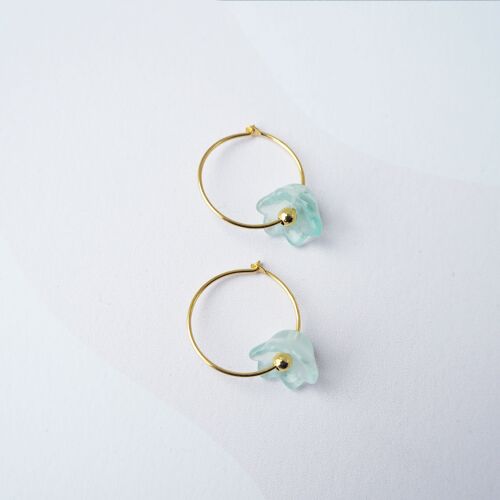 Bloom Hoop Earrings One- Demi fine gold hoop earrings with aqua flower charms