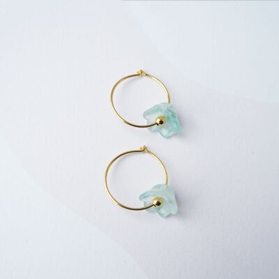 Bloom Hoop Earrings One- Demi fine gold hoop earrings with aqua flower charms