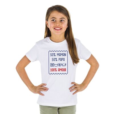 WEISSES T-SHIRT 50 % MOM, 50 % DAD, 100 % LIEBE