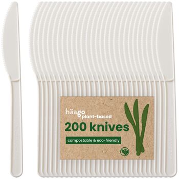 200 couteaux en PLA biodégradables, couverts écologiques et robustes pour les fêtes, les mariages | Biodégradable, compostable - Blanc 17.7cm 1