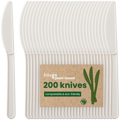 200 couteaux en PLA biodégradables, couverts écologiques et robustes pour les fêtes, les mariages | Biodégradable, compostable - Blanc 17.7cm