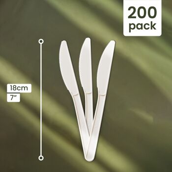 200 couteaux en PLA biodégradables, couverts écologiques et robustes pour les fêtes, les mariages | Biodégradable, compostable - Blanc 17.7cm 6