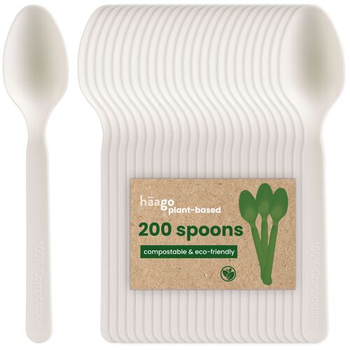200 PLA Spoons Biodegradable Compostable Cutlery (White, 15.5cm) - Eco-Friendly Utensils for Party, Outdoor or Wedding - Heavy Duty 100% All-Natural Materials