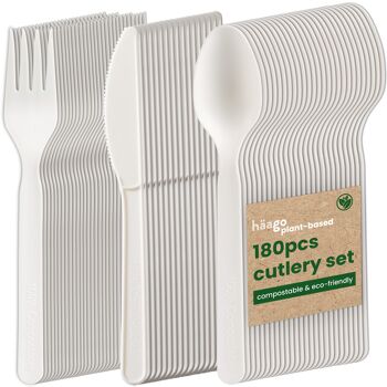 Ensemble de 180 couverts en PLA biodégradables et compostables (60 couteaux, 60 fourchettes, 60 cuillères, blanc) – Respectueux de l'environnement, idéal pour la restauration et les mariages – Matériaux 100 % naturels très résistants 1