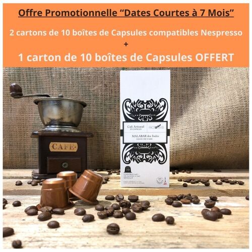 OFFRE PROMO "2 + 1 offert"  CAPSULES CAFÉ MALABAR COMPATIBLES NESPRESSO / x 20 boîtes de 10 capsules