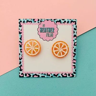 Pendientes de botón con rodajas de naranja y purpurina naranja