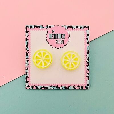 Yellow Glitter Lemon Slice Stud Earrings