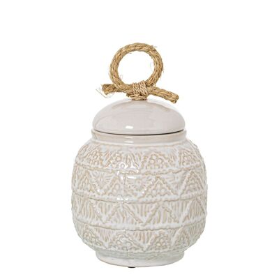 WHITE CERAMIC TIBOR WITH ROPE IN LID _°15X18CM ST51190