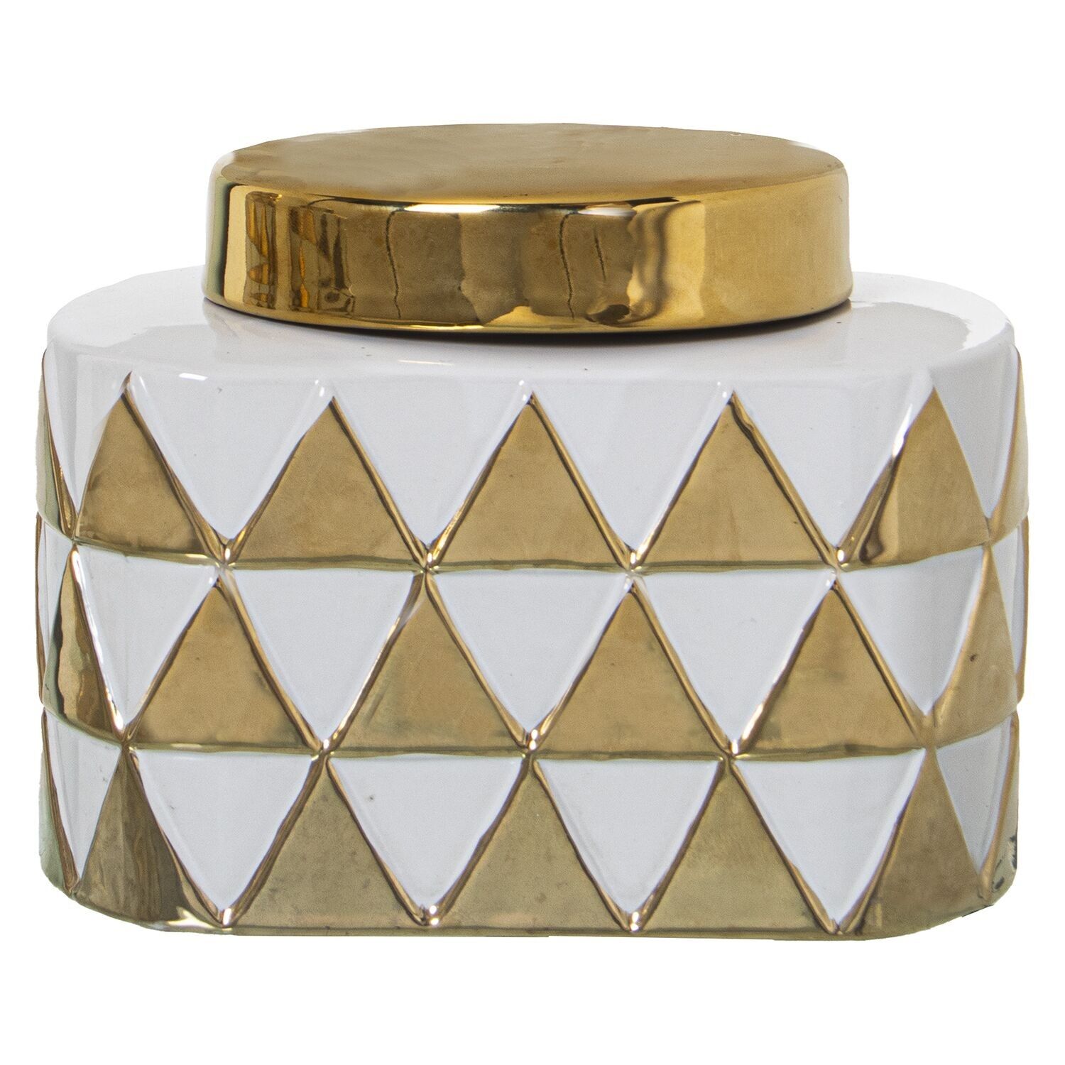 Barattolo in ceramica con triangoli, bianco e oro, 12x14x18cm st51157