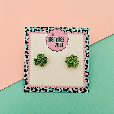 Green Clover Glitter Stud Earrings