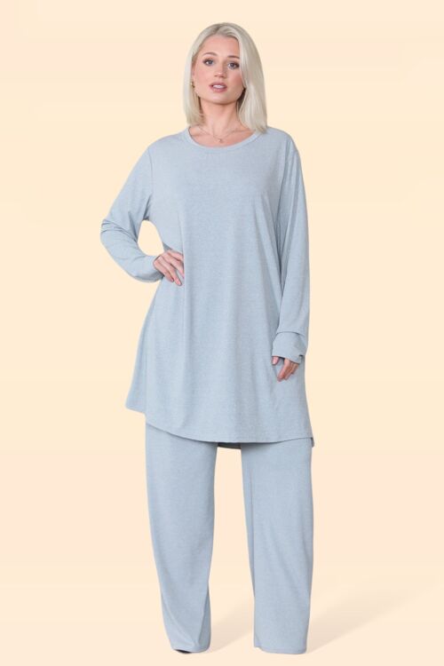 Elongated Top with Side Splits Matched with Elasticated Waist Wide Leg Straight Trousers Women's Fashion Soft Comfy Stretchy Plus Size Inclusive Loungewear Co-Ord Set Matching Clothes Outfit - Fits up to UK18