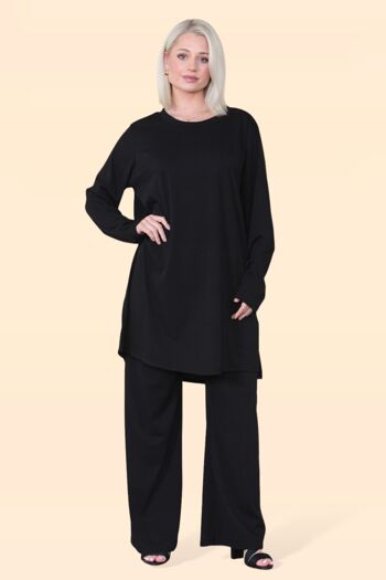 Haut allongé avec fentes latérales assorti à une taille élastiquée, jambe large, pantalon droit, mode pour femme, doux, confortable, extensible, grande taille, vêtements de détente inclus, ensemble assorti, tenue assortie – convient jusqu'au UK18. 7