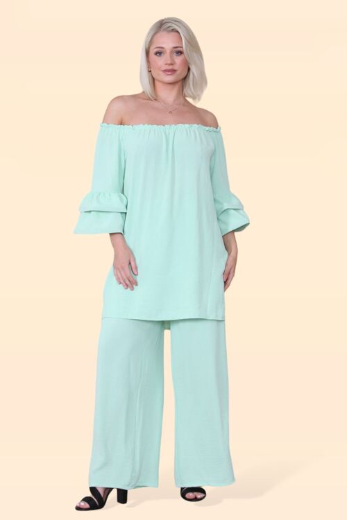 Layered Boned Structured Ruffle Sleeves Off Shoulder Top Matched with Wide Leg Straight Trousers with Elasticated Waistband Women's Fashion Viral Bargain Lightweight Plus Size Inclusive Loose Fit Spring Summer Holiday - Fits up to UK16
