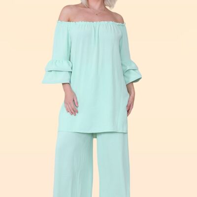 Layered Boned Structured Ruffle Sleeves Off Shoulder Top Matched with Wide Leg Straight Trousers with Elasticated Waistband Women's Fashion Viral Bargain Lightweight Plus Size Inclusive Loose Fit Spring Summer Holiday - Fits up to UK16
