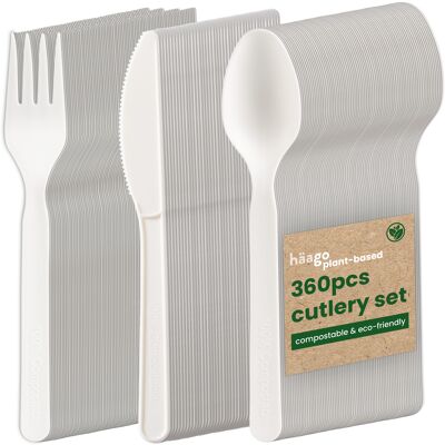 Juego de cubiertos reutilizables de 360 ​​piezas (120 cuchillos, 120 tenedores, 120 cucharas, blanco), ideal para catering y bodas