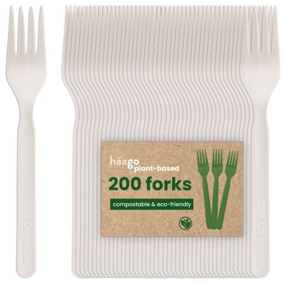 200 cubiertos compostables biodegradables de PLA (blancos) - Utensilios ecológicos para fiestas, exteriores o bodas - Materiales resistentes 100% totalmente naturales (200 tenedores blancos)