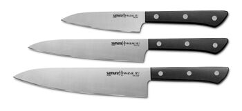 HARAKIRI Set de 3 couteaux de cuisine : Paring, Utility, Chef (Bois)-SHR-0220WO