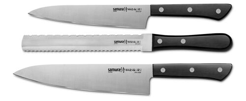 HARAKIRI Set of 3 kitchen knives: (Utility knife 15cm, Twosided saw knife 20cm, Chef's knife 20cm) (Black)
-SHR-0230B