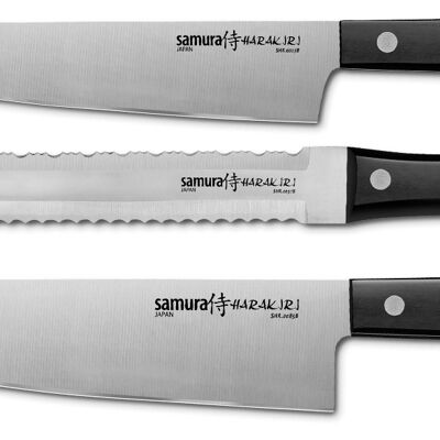 HARAKIRI Set de 3 couteaux de cuisine : (Couteau utilitaire 15cm, Couteau scie double face 20cm, Couteau de chef 20cm) (Noir)
-SHR-0230B