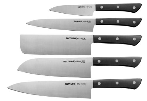 HARAKIRI Set of 5 kitchen knives  Paring, Utility, Nakiri, Santoku, Chef's knife (Black)-SHR-0250B