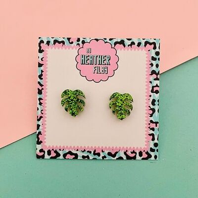 Green Monstera Leaf Glitter Stud Earrings