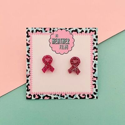 Pink Cancer Ribbon Glitter Stud Earrings